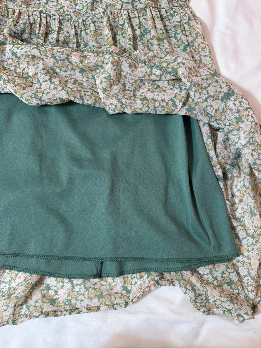 Women's Floral Tiered Green Dress with Puff Sleeves